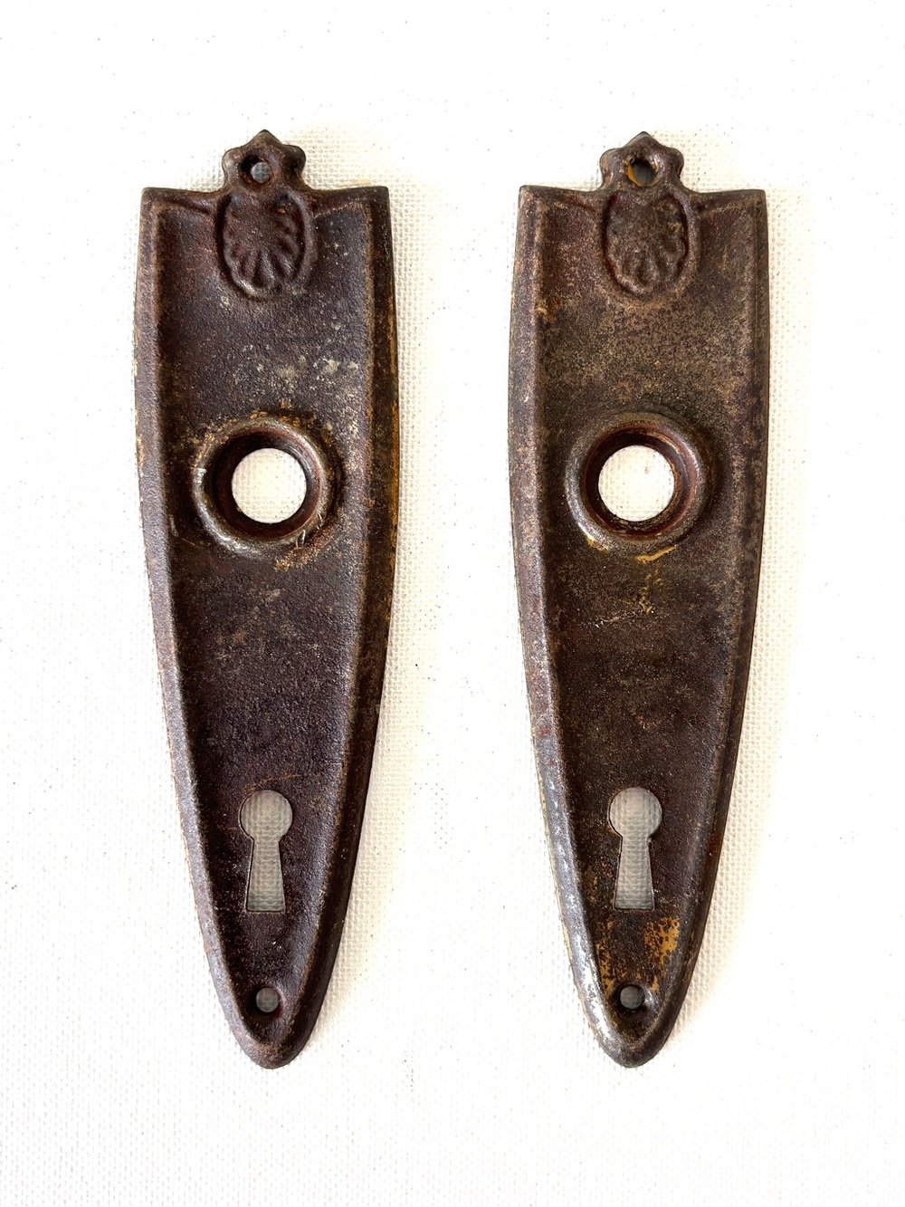 Door Knob Back Plates Pair 2 Antique Art Deco Metal Vintage Brass 6" Nice Patina